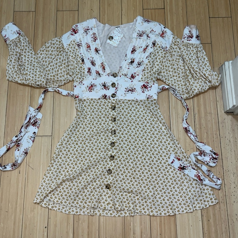 Free People Long Sleeve Dress in Cream and Brown